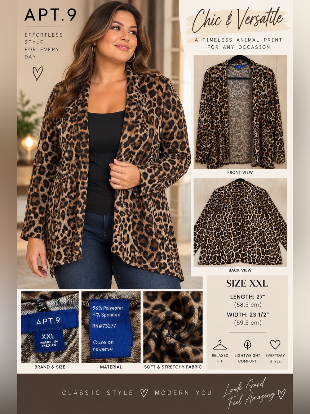 Apt. 9 Women’s Leopard Print Open Front Cardigan XXL Brown Black Stretch